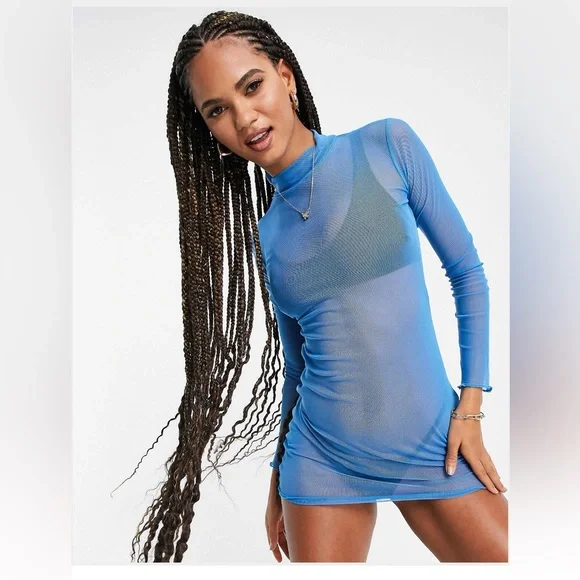 Public Desire | Dresses | Public Desire Mesh Beach Mini Summer Dress With  Lettuce Detailing In Blue | Poshmark